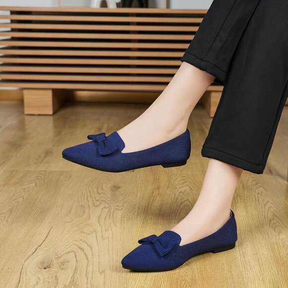 Women Mesh Ballet Blue Flats Bow Pointed Toe Comfortable Dress Shoes for Work - Picture 4 of 7